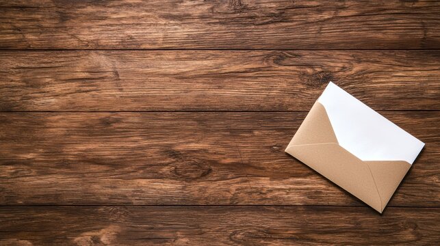 Envelope Open white envelope with a letter peeking out, placed on a wooden desk.