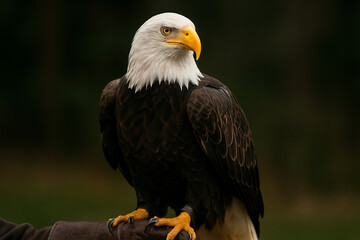 Obraz premium A majestic bald eagle perched on a falconer's leather glove.