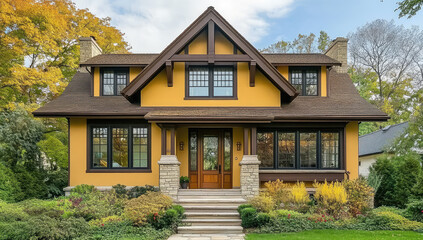 Beautiful craftsman-style home with mustard-yellow exterior, brown trim, large front windows, stone columns, and lush green landscaping in a peaceful suburban neighborhood, AI generated
