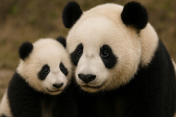 Obraz premium A close-up portrait of a giant panda and her cub.