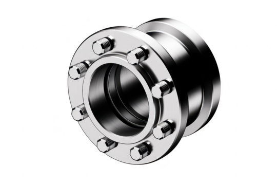 Closeup of a metal flange coupling with bolts, industrial equipment detail, isolated on transparent background