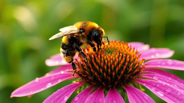 Cinematic shot of a busy pollinator engaged in its essential task, contributing to biodiversity and the health of the surrounding natural ecosystem. ecological significance, broader context