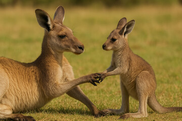 A mother kangaroo and her joey holding hands in a grassy field