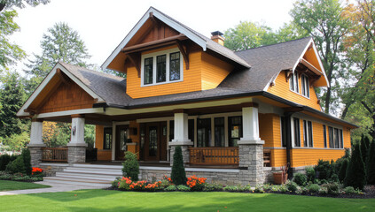 Charming orange craftsman-style house with white trim, gabled roof, stone columns, front porch, and manicured lawn surrounded by trees in a peaceful suburban neighborhood, AI generated