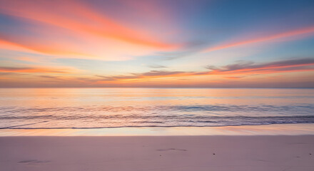 Serene Ocean Landscape with Colorful Sunset Sky and Gentle Waves on Shore