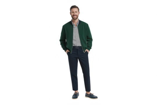 Man wearing a green bomber jacket and dark pants standing on a transparent background