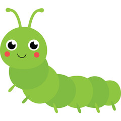 Cute Green Cartoon Caterpillar With Big Eyes And Smiling Face And Pink Cheeks On A Transparent Background