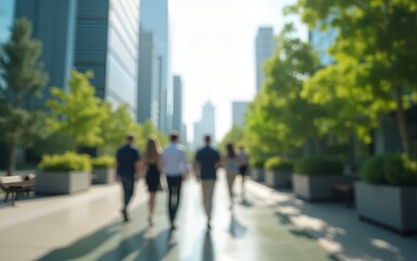 An abstract image of business people walking in a corporate office area located in a green city downtown. The blurred background highlights sustainable urban elements, including eco-friendly buildings
