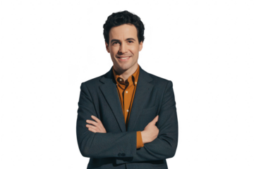Man with dark hair wearing a patterned jacket and orange shirt, arms crossed, isolated on transparent background