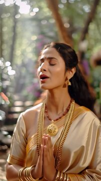 A Devi meditates peacefully in a forest bathed in divine light, surrounded by serene trees, soft rays, and spiritual energy, radiating calm and enlightenment.