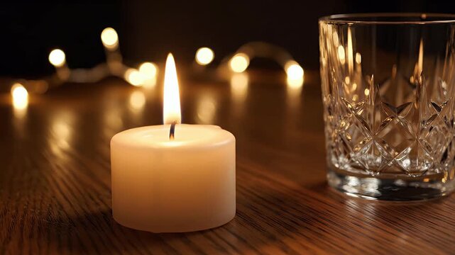 Burning white candle and empty cut glass on a wooden table, illuminated by warm bokeh string lights, creating a cozy evening ambiance.