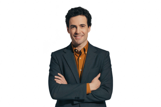 Man with dark hair wearing a patterned jacket and orange shirt, arms crossed, isolated on transparent background - Powered by Adobe