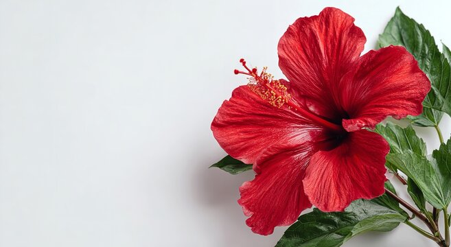 Elegant vibrant red hibiscus blossom with green leaves on white background, perfect for summer promotions or tropical themed designs