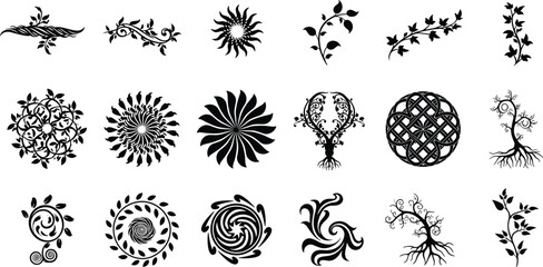 Botanical ornament vector, black decorative elements, floral design, abstract roots, mandala shapes, nature art, symmetrical icons, tattoo style graphics