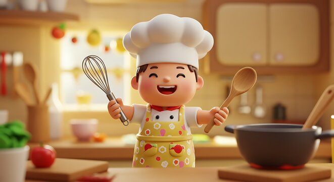Animated joyful chef figure holding utensils, beaming in a brightly lit kitchen scene