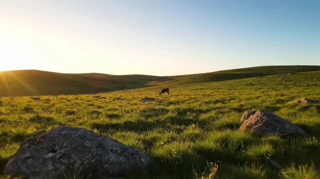 A solitary wild animal, like a deer or fox, gracefully traversing a remote hillside, blending seamlessly into its natural habitat. Observing the quiet existence of wildlife within an undisturbed?