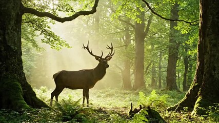 The untouched beauty of a forest ecosystem at dawn or dusk, with subtle natural light illuminating the environment where deer naturally thrive. Environmental shot, atmospheric