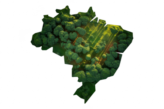 Aerial view of brazils map shape filled with lush green forest and agricultural land isolated on transparent background - Powered by Adobe