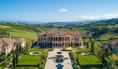 Grand Mediterranean-inspired mansion set amid rolling green hills, elegant gardens, and symmetrical fountains, capturing timeless architectural luxury, AI generated