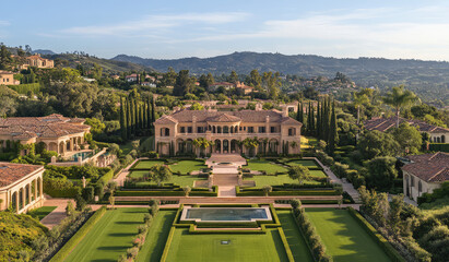 Majestic Mediterranean-style mansion surrounded by lush terraced gardens, reflecting pool, and hillside views, showcasing timeless luxury architecture, AI generated