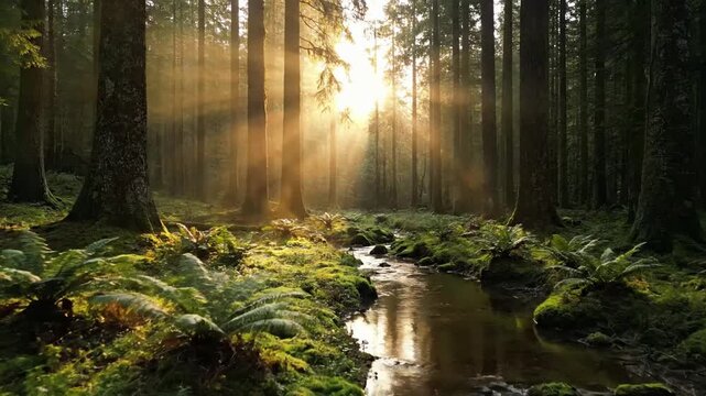 Panoramic drone shot gliding smoothly over a vast, untouched temperate forest, showcasing diverse tree species and undulating terrain. Aerial perspective, revealing the scale and pristine nature.