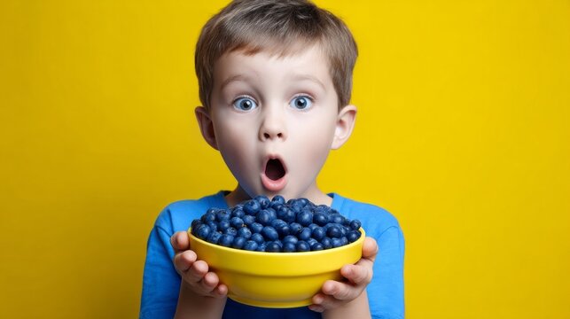 A young child holds a bright yellow bowl filled with blueberries, showing excitement and surprise. The colorful backdrop enhances the playful mood of the moment