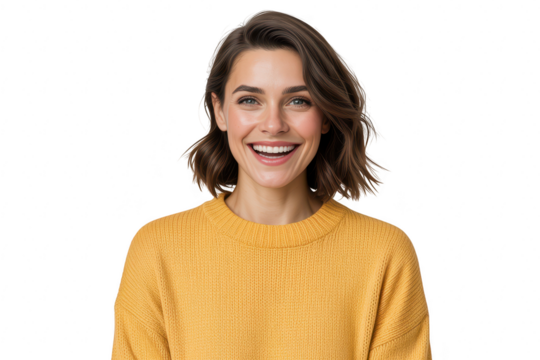 Young woman with medium length brown wavy hair, wearing a yellow knitted sweater, smiling broadly, isolated on transparent background