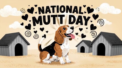Celebrate National Mutt Day with this charming Animation 4k illustration featuring a happy rescue dog surrounded by hearts and cozy dog houses, promoting pet adoption and animal welfare