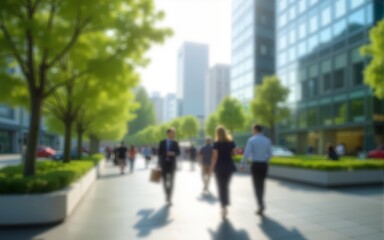 An abstract image of business people walking in a corporate office area located in a green city downtown. The blurred background highlights sustainable urban elements, including eco-friendly buildings