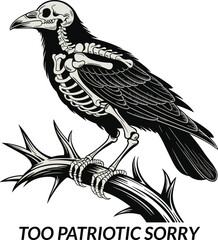 Naklejka premium Black bird skeleton perched on thorny branch white bone design.