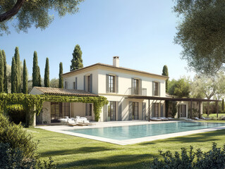 Elegant Mediterranean-style villa surrounded by lush gardens, featuring serene poolside views, sunlit terrace, classic columns, and tranquil natural scenery, AI generated