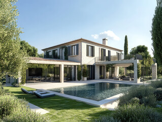 Luxurious Mediterranean villa with elegant architecture, stone façade, poolside terrace, lush greenery, modern pergolas, and serene garden ambiance under sunny blue skies, AI generated