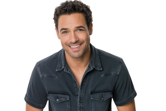 A smiling man with dark curly hair wearing a denim shirt, isolated on transparent background - Powered by Adobe