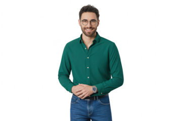 Smiling man with glasses and green shirt isolated on transparent background