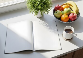 Home Living Magazine Mockup on Kitchen Countertop Beside Mug, Fruit Bowl, and Plant, Bright Natural Daylight Setup