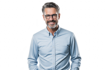 Smiling man with glasses and beard wearing a blue shirt isolated on transparent background