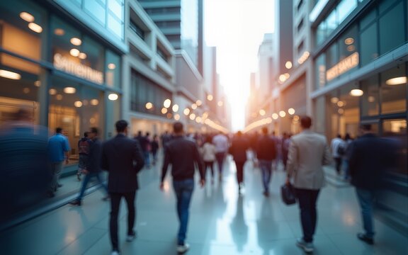 motion blur image of business people crowd walking at corporate office in city downtown, blurred background, business center concept, Generative AI. High quality