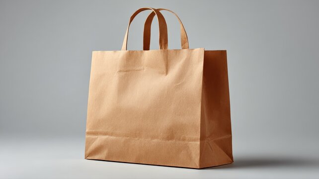 A single empty paper bag with sturdy handles, presented on a light grey backdrop with soft lighting