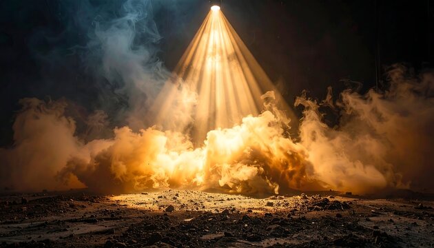 A dramatic scene of bright light beams cutting through thick, swirling smoke over a rough surface, creating a mysterious atmosphere