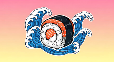 Delicious salmon sushi roll illustration embraced by dynamic blue ocean waves, capturing a vibrant essence of Japanese culinary artistry and fresh seafood delight