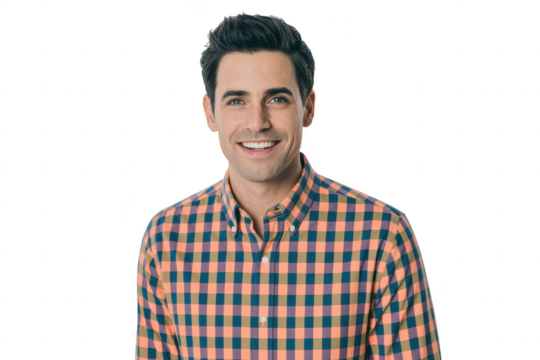 Young man with dark hair and a plaid shirt smiling, isolated on transparent background