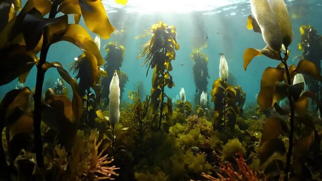 Marine Life Interacting within a Seaweed Habitat Observe small, unidentifiable aquatic organisms, like tiny fish or crustaceans, navigating through or resting amongst the protective fronds of a?