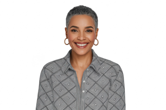 Smiling middleaged woman with short gray hair and hoop earrings, wearing a patterned shirt, isolated on transparent background