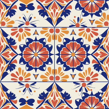 Flat vector tile pattern inspired by Mexican Talavera &mdash; floral and geometric motifs in vivid blue, orange, red, and yellow &mdash; handcrafted look with clean vector precision.