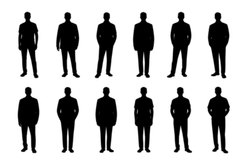Silhouettes of men standing in two rows isolated on transparent background