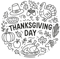 Thanksgiving Day Line Art Illustration | Turkey, Pumpkin, Pie, Corn, and Autumn Elements in Black and White