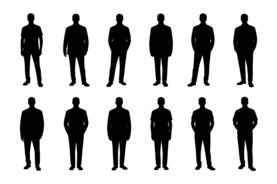 Silhouettes of men standing in two rows isolated on transparent background