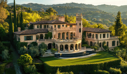 Elegant Mediterranean hillside mansion surrounded by lush gardens and rolling hills, featuring terracotta roofs, arched balconies, and luxurious architecture, created with generative AI