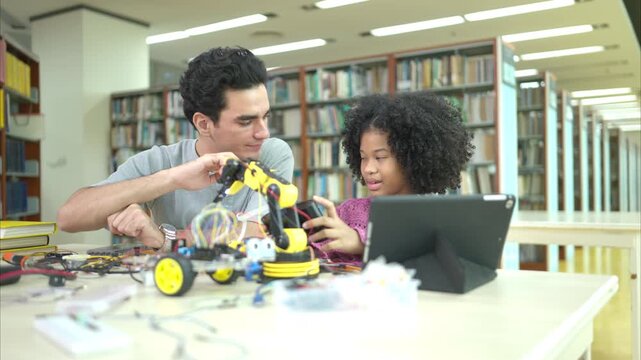 A teacher guiding students in a robotics project during a STEM class in the library