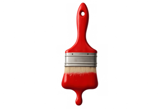 Paintbrush with red paint dripping, creating a colorful splash, decorating and renovating concepts, transparent background